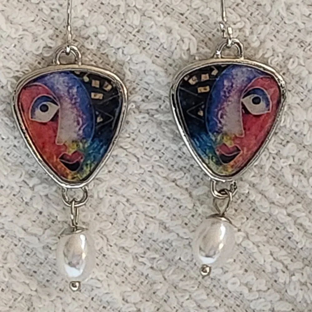 925 Silver Plated Abstract Art Colorful Face Drop Earrings - NEW - Picture 4 of 4